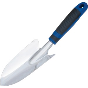 Paletta da giardino LUX Comfort, 35 cm, in acciaio inox, con manico blu e nero per la cura di giardini e aiuole.