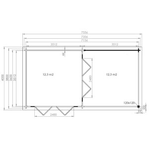 Plan Alpholz abri de jardin Freiburg-44 : 755x399cm, avec terrasse. Abri de jardin en bois avec portes pliantes.