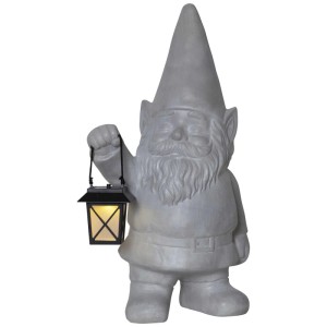 Figurine décorative de gnome solaire grise avec lanterne, 53 cm de haut, pour un éclairage de jardin d'ambiance.