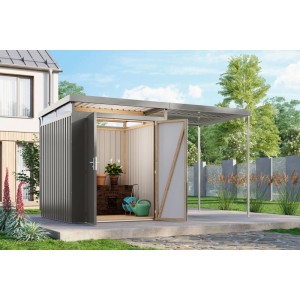 Abri de jardin en métal Karibu Argos 2 avec auvent, aluminium gris, double porte ouverte.