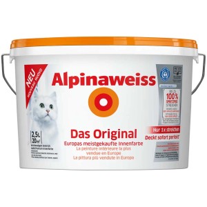 Secchio di Alpinaweiss The Original, pittura murale bianca anti-schizzo, 2,5 litri.