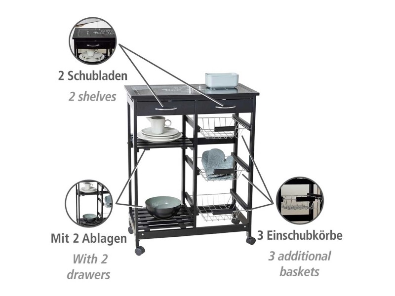 Wenko Carrello da cucina Bon Appetit Nero (HxLxP) 86,5 x 67 x 35 cm