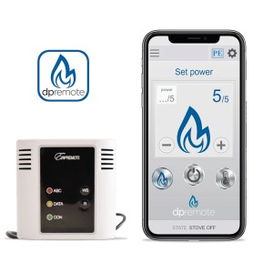 Module Wifi DPRemote Eco V9 pour poêles à granulés : module, vue de l'application sur smartphone.