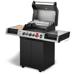 Barbecue à gaz Enders Uniq 3 IK Cruster avec couvercle ouvert, brûleur latéral et meuble noir.