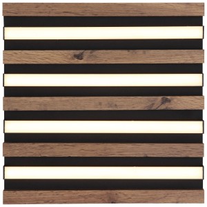 Plafonnier LED moderne Hayden en noir mat et marron foncé avec aspect panneau acoustique.