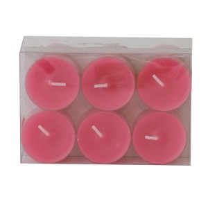 Six bougies chauffe-plat fuchsia dans des coupelles en plastique. Bougies piliers pour une lumière d'ambiance.
