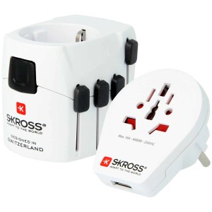 Skross® World Pro Reiseadapter, weiß, mit USB-Port. Universal-Stecker für weltweite Nutzung.