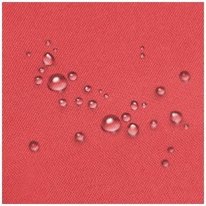 Dettaglio: Rivestimento idrorepellente rosso del pouf Beliani Fuzzy con gocce d'acqua.
