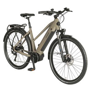 Vélo de trekking électrique Prophete Entdecker 3.0 bleu pour femme avec moteur central AEG et cadre trapèze.