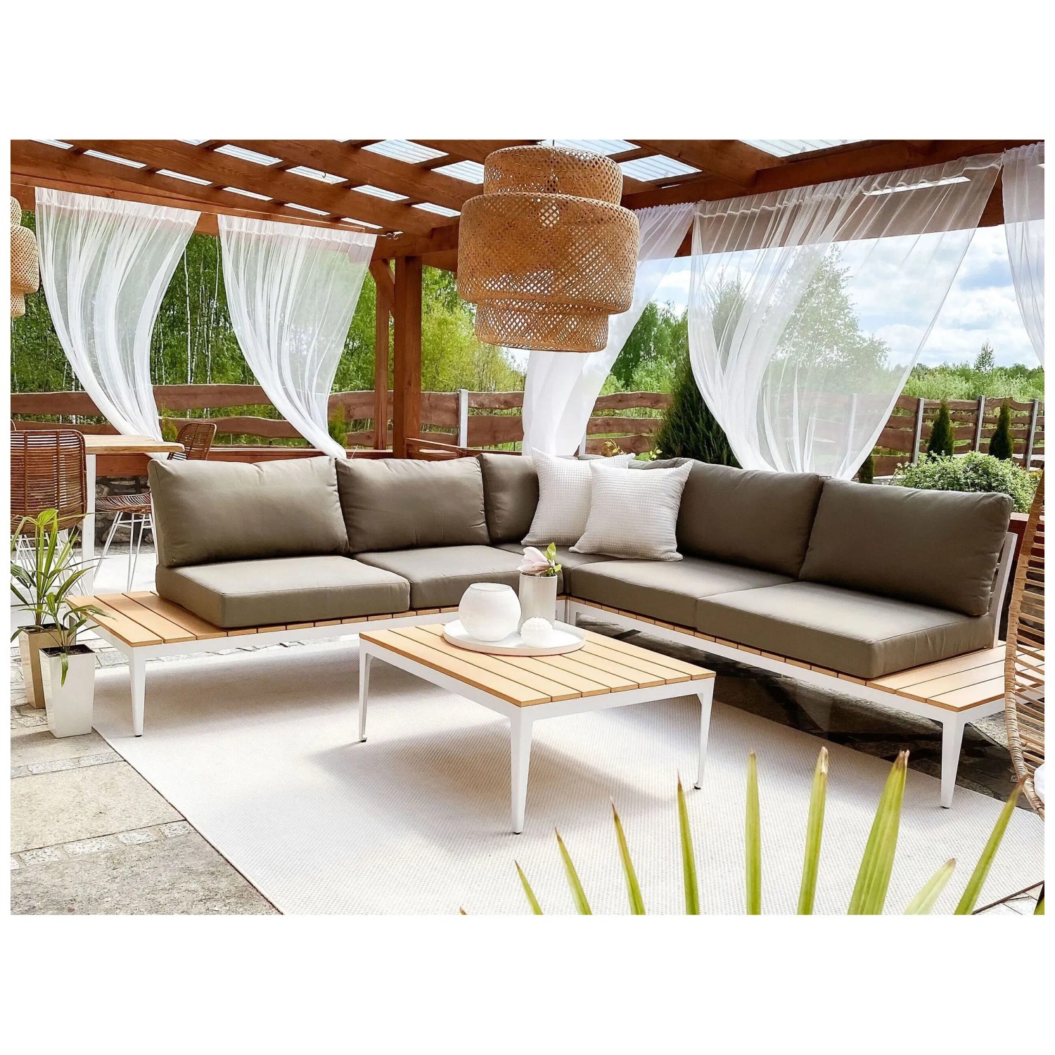 Fauteuil De Jardin D'angle En Bambou Beliani Avec Coussins Taupe - Modulaire Et Confortable