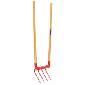 Fourche bêche Samen Mauser avec 4 dents, acier, pointes rouges et manche en bois.