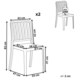 Diagramma del set di sedie da giardino Beliani Sersale, 2 sedie in plastica bianca con dimensioni.