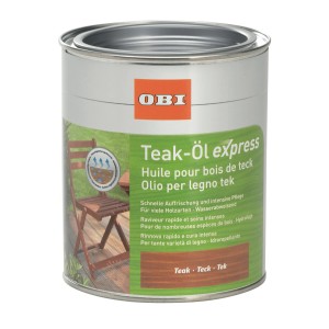 Boîte d'huile de teck Express OBI 750ml pour l'entretien et la protection du bois.
