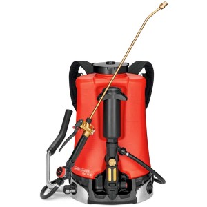 Pulvérisateur à dos Birchmeier Flox 10 AD1 avec lance en laiton et réservoir rouge.