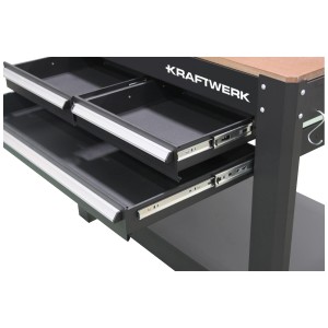 Banco da lavoro Kraftwerk con cassetti, telaio in acciaio e piano in legno di faggio.