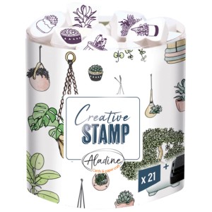 Aladine Stempelset Pflanzen, 21-teilig mit Motiven von Zimmerpflanzen und schwarzem Stempelkissen.