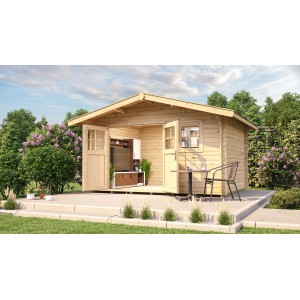 Abri de jardin en bois Weka Sienna non traité avec toit à deux pentes, 380x370 cm, avec portes ouvertes et mobilier.