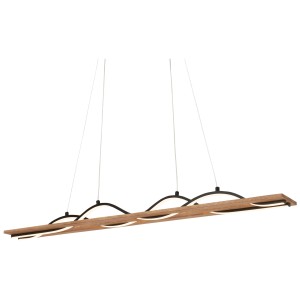 Suspension LED moderne en forme de vague avec décor bois, 2 x 30 W, idéale comme plafonnier.