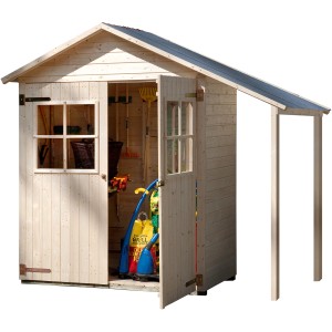 Armoire de terrasse Weka taille 2 avec double porte et toit en appentis en bois naturel, porte ouverte.