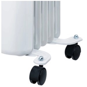 Gros plan : Radiateur à huile blanc Emerio 1 000 W avec roulettes. Radiateur pour petites pièces.
