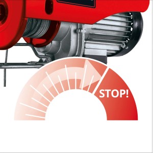Gros plan du palan électrique Einhell TC-EH 500 avec indicateur d'arrêt rouge.