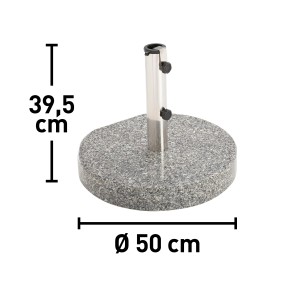 Base per ombrellone Granada grigia in granito, 40 kg, con supporto argentato per ombrelloni.