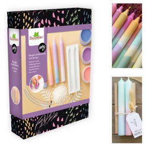 Kerzen-Set zum Gestalten von 4 Tie-and-Dye Kerzen mit Wachs, Dochten und Farben.