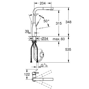Disegno tecnico: Miscelatore monocomando per lavello Grohe Essence, cromo, con misure e dettagli.
