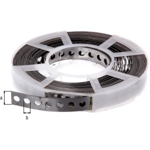 Nastro forato in acciaio inox, 17mm x 10m, su rotolo per montaggio.
