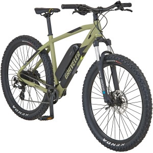 Olivgrünes Prophete E-Mountainbike Graveler mit 27,5 Zoll Reifen und 8-Gang Schaltung.