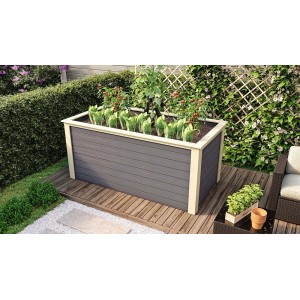 Aiuola rialzata Karibu, 244x94 cm, grigio terra, in legno con piante in giardino.