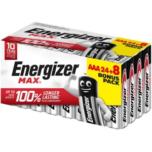 Batterie alcaline Energizer Max AAA, confezione da 32 (24+8). Per dispositivi di uso quotidiano.