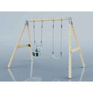 Altalena PolarPlay Pappagallo Blu Ghiaccio con seggiolino per bambini e altalena normale su struttura in legno.