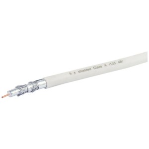 Câble coaxial blanc Schwaiger, 135 dB, 50 m, coupé, intérieur visible.
