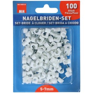 Lot de colliers à clous blancs, 5-7 mm, 100 pièces pour fixation de câbles sur maçonnerie et bois.