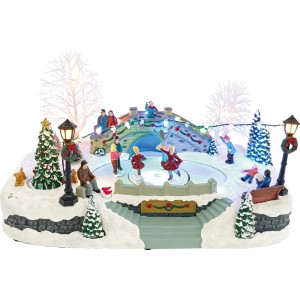Village de Noël avec patinoire illuminée, patineurs, pont, arbres et lanternes dans la neige. Décoration de Noël.