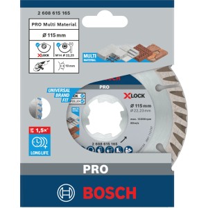 Disco diamantato Bosch X-Lock 115 mm per smerigliatrice angolare. Lama segmentata argento per materiali edili.