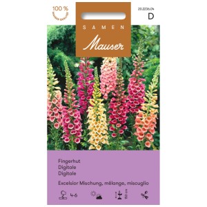 Sachet de graines de digitale Excelsior Mix avec des fleurs jaunes, roses et rouges.