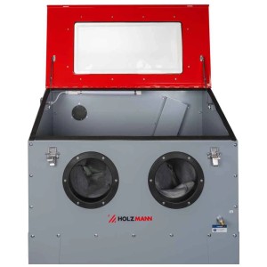 Cabina di sabbiatura Holzmann SK220, 220L, con finestra e guanti per lavori in officina.