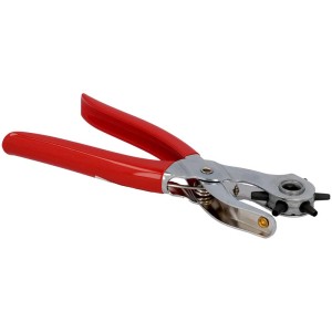 Pince emporte-pièce pour cuir (200 mm) avec poignées rouges et tête rotative pour ceintures et cuir.