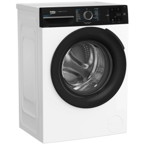 Machine à laver Beko à chargement frontal blanche WM207, 7 kg, 1400 tr/min, avec porte et panneau noirs. Lavage efficace.
