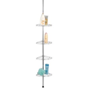 Wenko Angolo doccia telescopico Prea in acciaio inox con quattro cestelli portaoggetti per accessori da bagno.