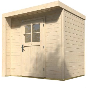 Casetta da giardino in legno Weka non trattato con tetto piatto, 209x215 cm. Venatura del legno visibile.