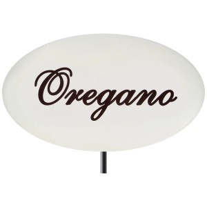 Emailleweißer Kräuterstecker Oregano, 30 cm, für Beet und Pflanzkübel.