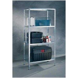 Scaffale zincato ad incastro con 5 ripiani, 200x120x50 cm, caricato con cassetta degli attrezzi, pneumatici e contenitori.