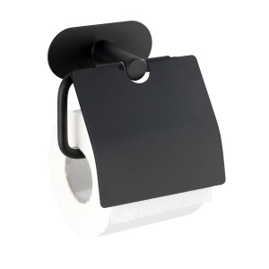 Wenko Turbo-Loc porta carta igienica Orea, acciaio inox, nero opaco con coperchio.