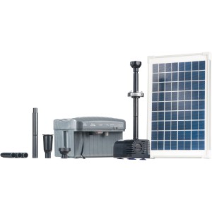 Heissner set pompa solare per laghetto con LED, 750 l/h, con pannello solare, pompa, batteria e accessori per giochi d'acqua.