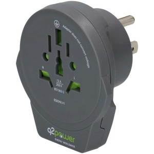 Grauer Q2 Power Welt-Adapter USA mit USB-A Anschluss für Reise, Nahansicht.