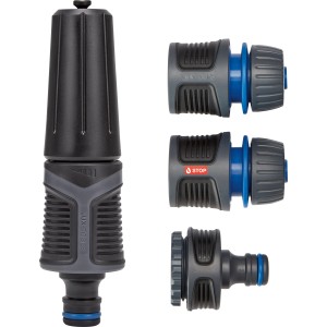 Set di pulizia LUX 4 pezzi: ugello a spruzzo, raccordi per rubinetto e tubo da giardino.
