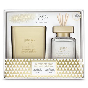 Ipuro Essentials Time To Glow : Diffuseur et bougie parfumée dorés pour une ambiance éclatante.